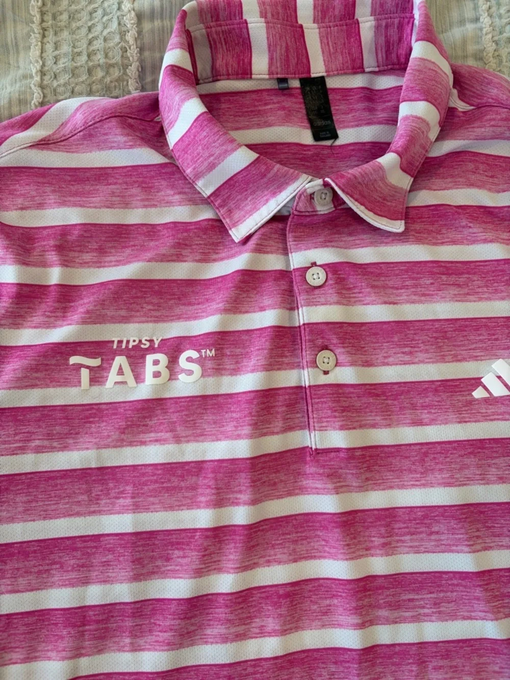 Adidas Men’s Golf Polo Shirt Large Pink White Stripe Lightweight Tipsy Tabs